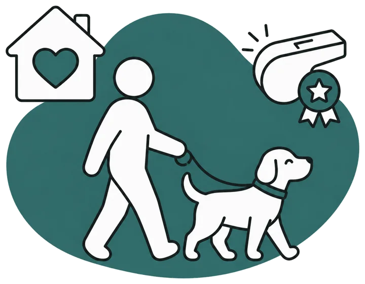 Ilustración de una persona paseando a un perro, representando a los profesionales de Patia.