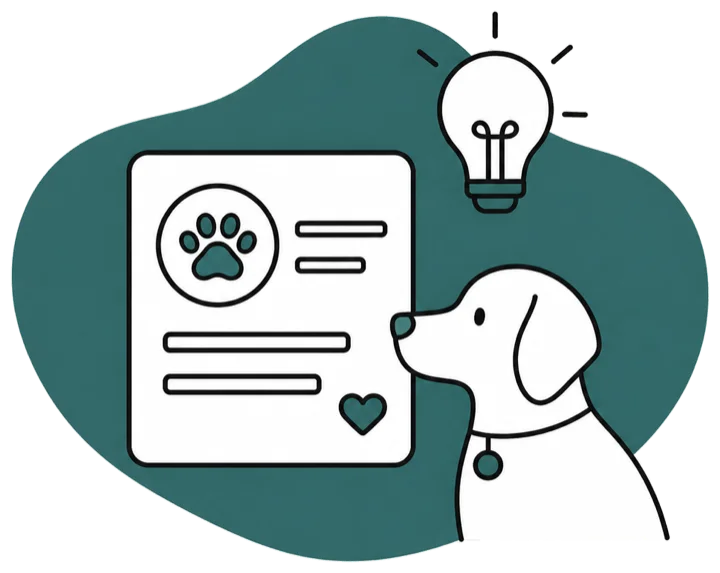 Ilustración de un perro consultando el perfil de recomendaciones de Patia.